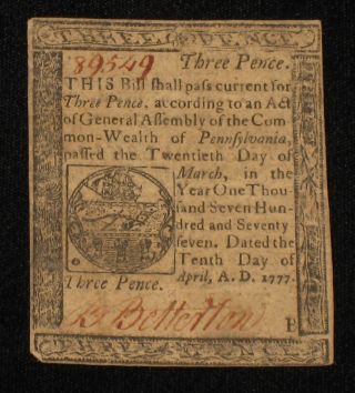 Us Pa State Currency - 3 Pence - Apr 10,  1777 Rare (cc - 125) photo