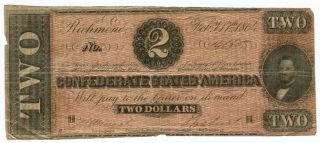 1864 Confederate Currency $2 Paper Bill - Two Dollar Richmond,  Va photo