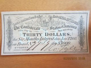 $30 Bond Coupon Confederate States Of America 1883 photo