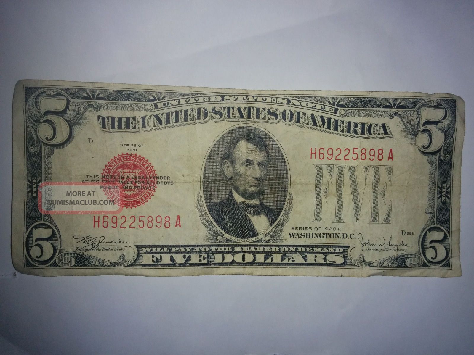 1928d Five Dollar Paper Us Bill/circulated/red Seal/h - 69