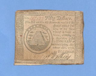 1778 $50 Continental Currency Large Denomination Colonial History photo