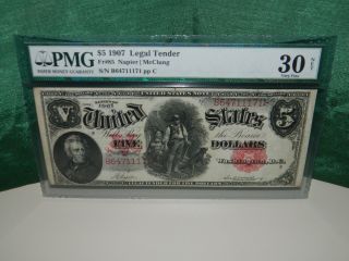 1907 $5 Legal Tender Fr 85 Large Size Pmg Very Fine Vf 30.  Gs836 photo