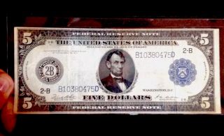 1914 Lg Sz Federal Reserve Nyc $5.  Vf.  Crisp Sape 35 Off 1/3 photo