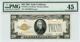 1928 Fr.  2402 (woods | Mellon) $20 U.  S.  Gold Certificate Note - Pcgs Ch.  Xf 45 photo