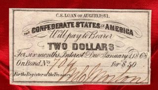 $2 1861 Csa Interest Certificate Morton Coupon Old Confederate Money Bill photo