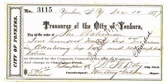 1877 Treasure Of The City Of Yonkers,  Warrant,  Signed The Mayor photo