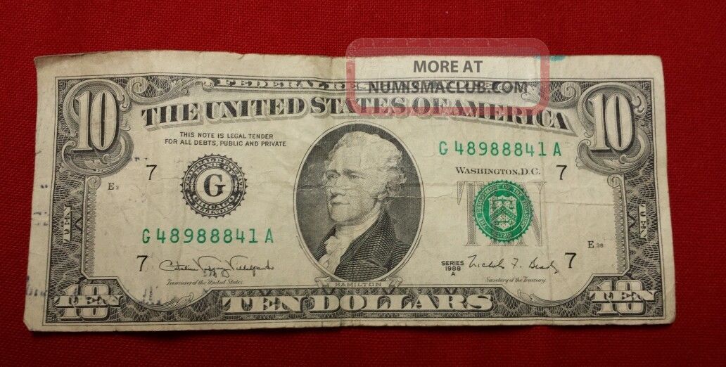 Us Currency Federal Reserve Note 10. 00 1969a. (error & 44 Years Old)