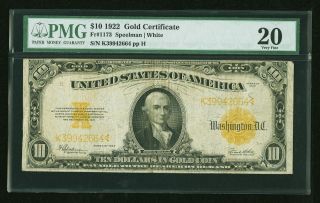 $10 1922 Gold Certificate Pmg Very Fine 20.  Fr.  1173 Speelman White photo