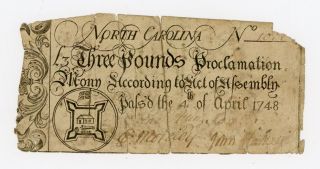 April 4 1748 3 Pounds North Carolina Colonial Note photo
