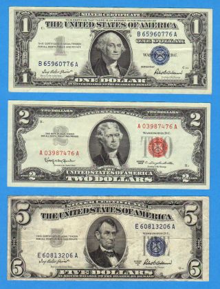 Old Money $1 & $5 Silver Blue Seal Certificates,  2 Dollar Bill Red Seal Us Note photo