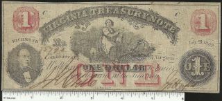 Obsolete $1 Virgina Treasury Note 1862,  Over All A Civil War Note photo