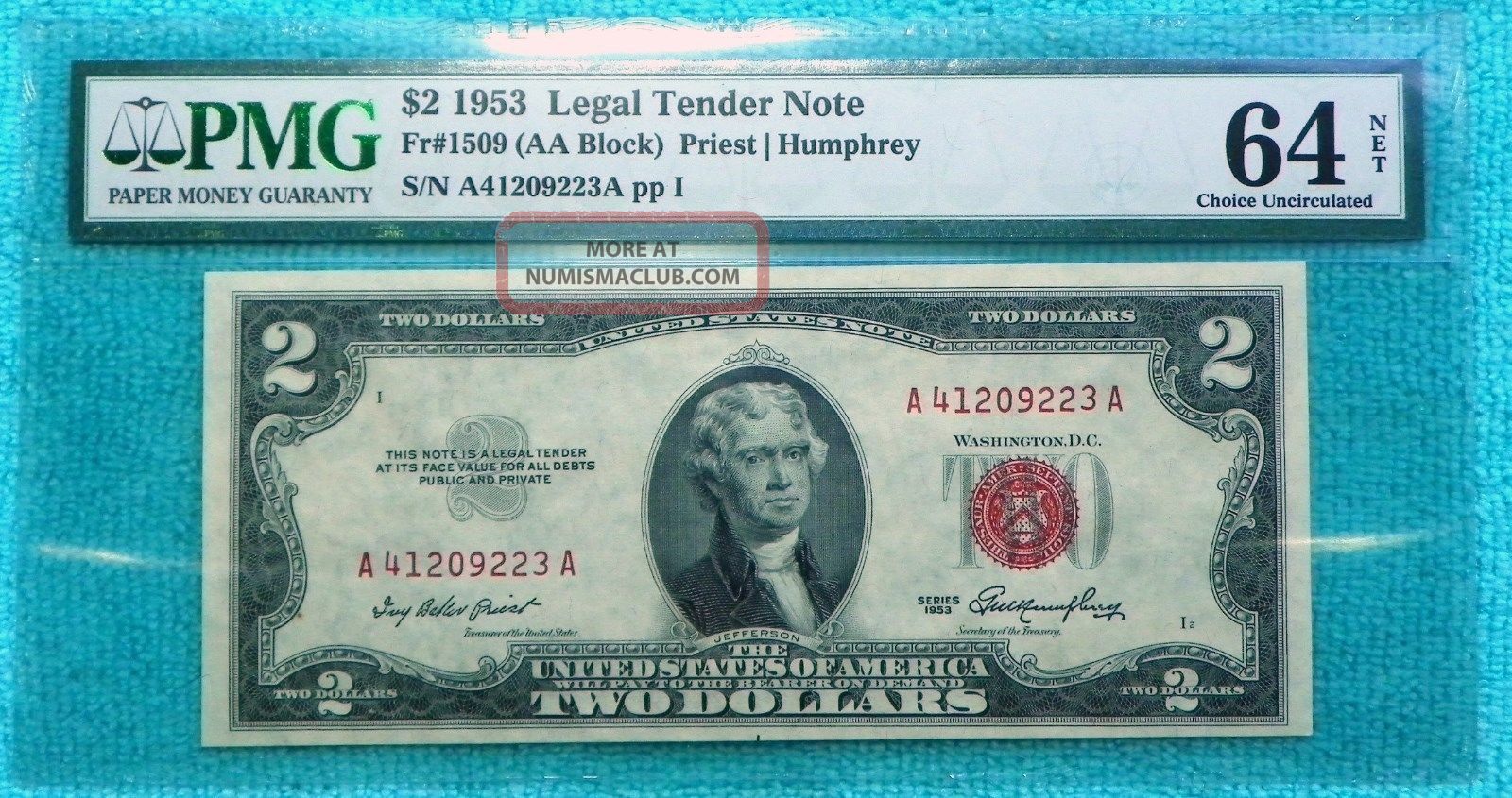 1953 $2 Pmg Cu - 64 Net Uncirculated Aa Block Red Seal Note Two Fr.  1509 Small Size Notes photo