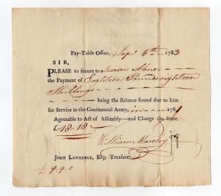 1783 War Payment Order For Service In The Continental Army photo