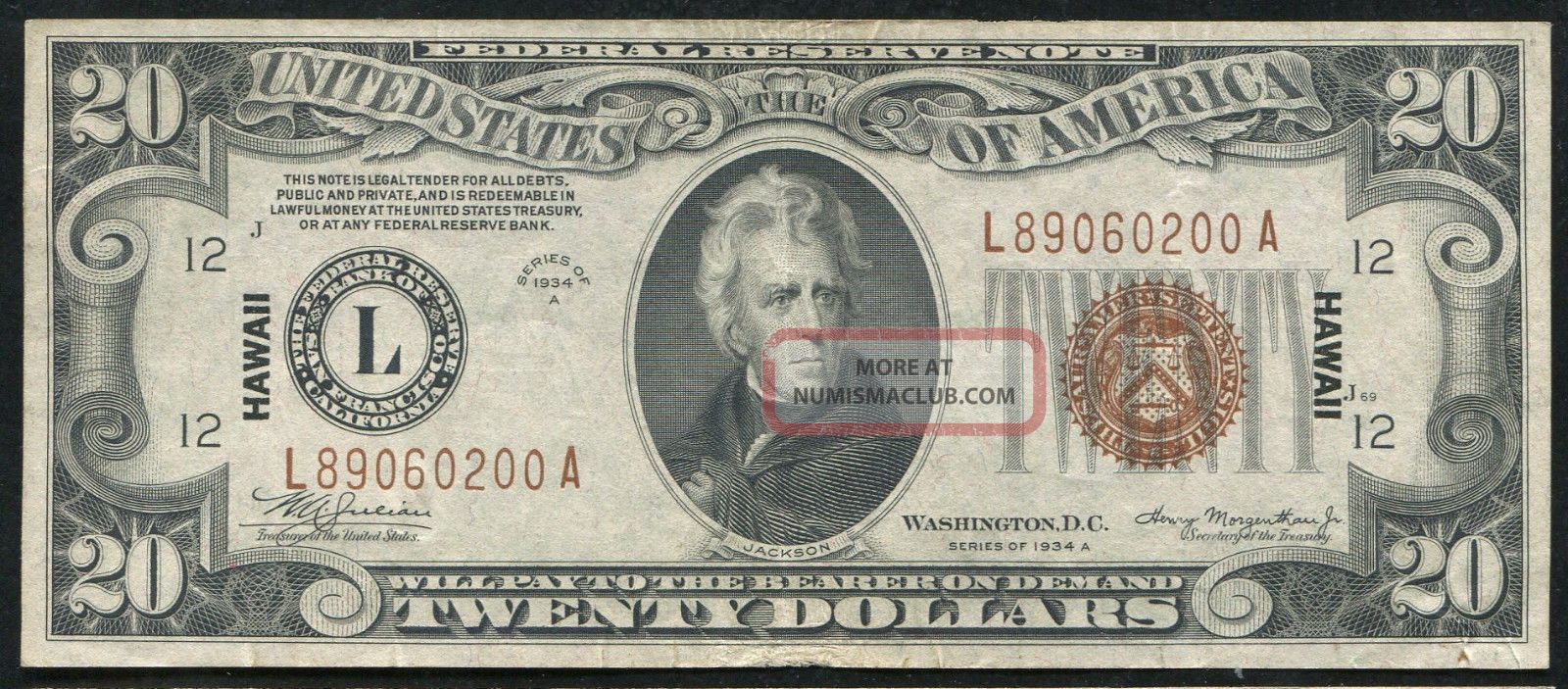 Fr.  2305 1934 - A $20 Federal Reserve Note Brown Seal 