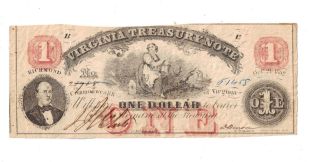 1862 $1 Obsolete Currency Virginia Treasury Note Confederate Currency Letcheri photo
