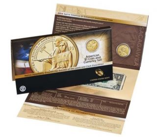 2014 Native American Enhanced $1 Coin And 2013 Series $1 Note Sacagawea (ta9) photo