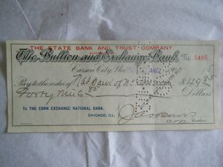 The Bullion And Exchange Bank Check Carson City Nv - Nov 22,  1902 photo