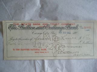 The Bullion And Exchange Bank Check Carson City Nv - Oct 27,  1903 photo