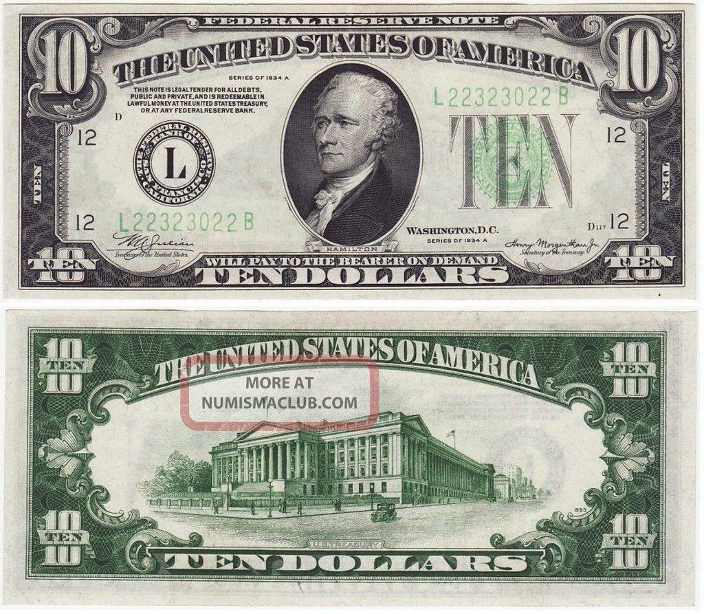 1934 - A $10 Dollar Bill Old Paper Money Us Currency Bank Note San ...
