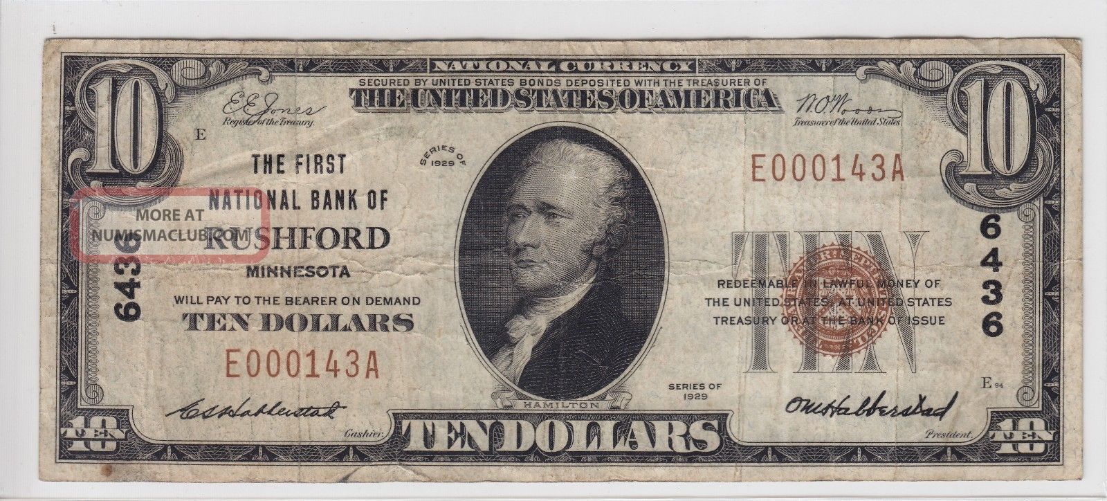 1929 10 First National Bank Of Rushford Minnesota Mn Note Charter 6436