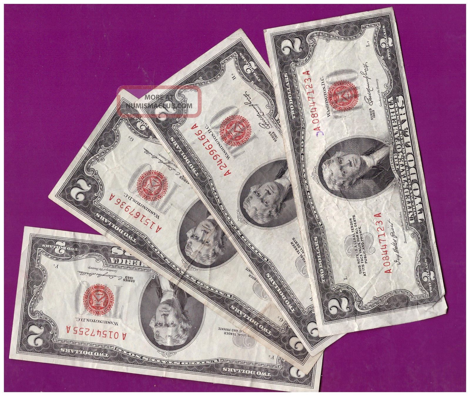(4) 2 - 1953& 2 - 1963 Old Us Note Legal Tender Paper Money Currency Red Seal L195 Small Size Notes photo