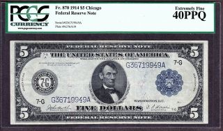 Us 1914 $5 Frn Chicago District Fr 870 Pcgs 40 Xf Ppq (- 949) photo