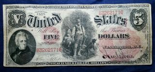 1875 $5 Vf Series Fr - 67 Scarce 1875 Us Legal Tender Large Size Currency Note photo