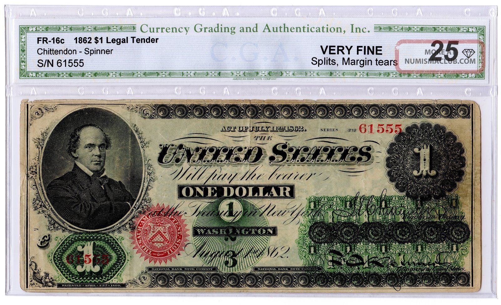 Fr16c $1.  00 1862 Legal Tender Note Certified By Cga Very Fine 25 Large Size Notes photo