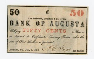 1863 50c The Bank Of Augusta,  Georgia Note - Civil War Era Au photo