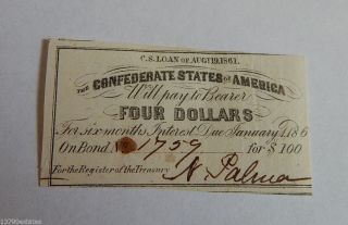 1861 Confederate States Of America $4 Four Dollar Bond Coupon photo