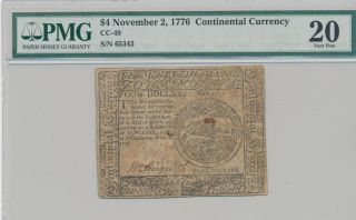 $4 November 2,  1776 Continental Currency - Pmg Certified - Very Fine 20 photo