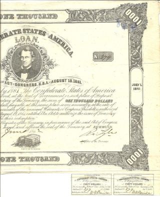 1861 Civil War,  $1000 Error Confederate Bond,  W/2 - $40 Coupons,  Serial 379 photo
