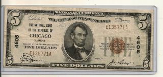 1929 $5 National Currency Republic Of Chicago,  Il E 135771 A Bank 4605 photo