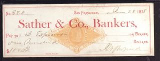 1878 Sather & Co. ,  Bankers - San Francisco - C/w Revenue Stamp photo