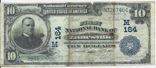 1902 First National Bank Of Zainseville,  Oh $10 National Currency Note; Ch 164 photo