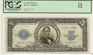 Fr.  282 1923 $5 Silver Certificate.  (porthole) Pcgs Fine 12,  Bust Of A.  Lincoln photo