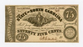1863 Cr.  134 75c The State Of North Carolina Note - Civil War Era Unc photo