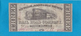 1861 $3 Orleans,  Jackson & Great Northern Railroad Co.  Note Fine, photo