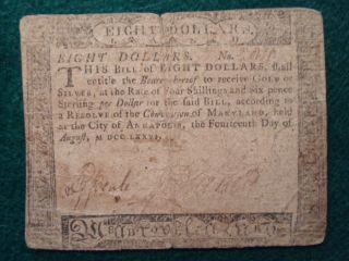 1776 $8 Dollar Colonial Currency - Very Rare - Annapolis,  Maryland - No Pinholes - Solid photo
