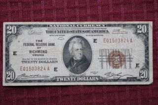Series 1929 $20 Federal Reserve Bank Of Richmond Note Fr1870e E01503824a photo