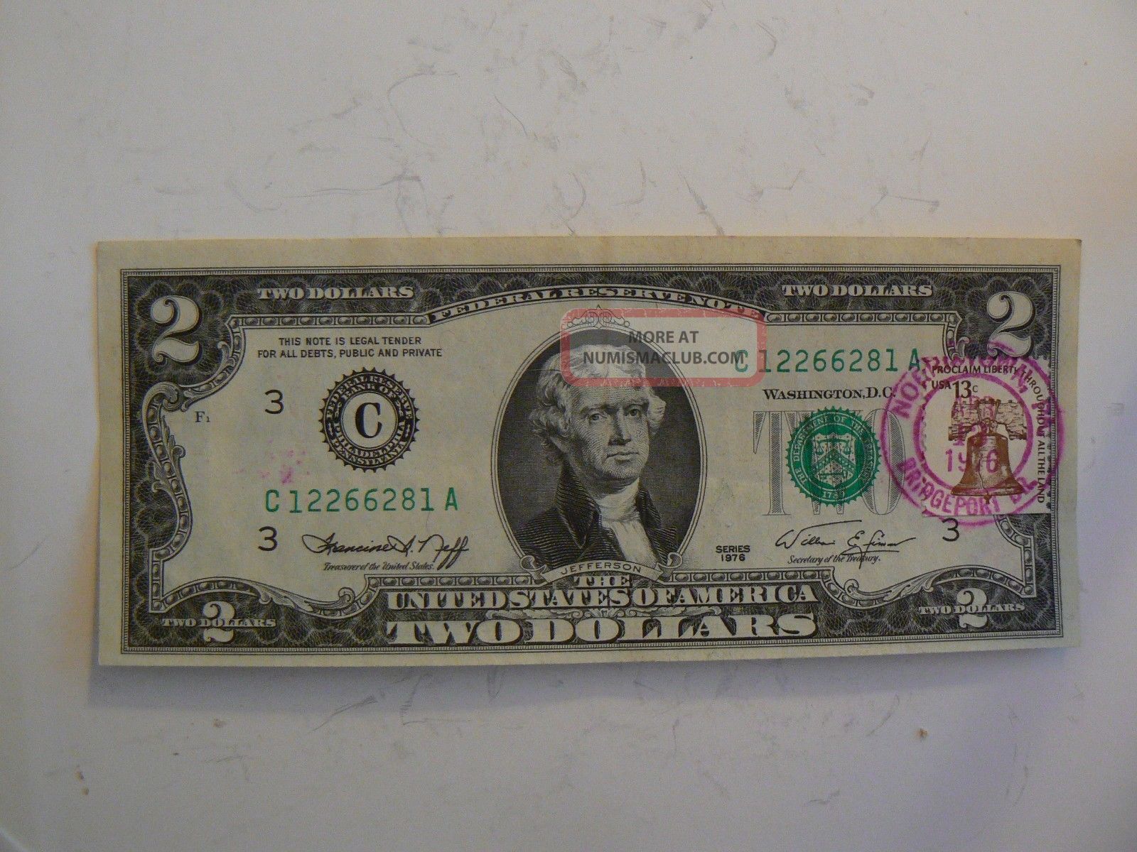 Uncirculated 1976 $2 Bill With Stamped First Day