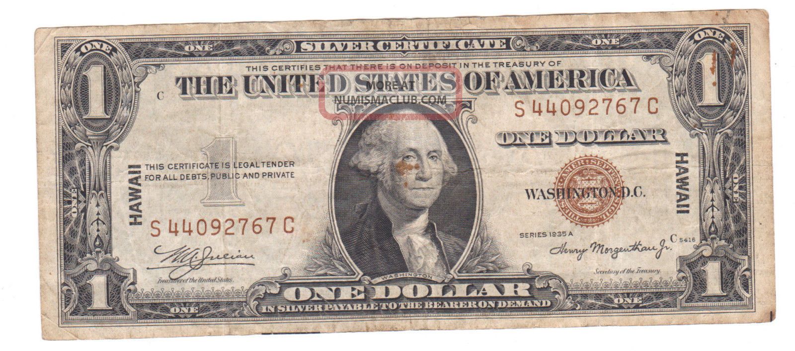 United States Silver Certificate $1 Hawaii Banknote 1935a Red Seal