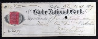 1899 The Globe National Bank - Boston,  Mass.  - C/w Revenue Stamp photo