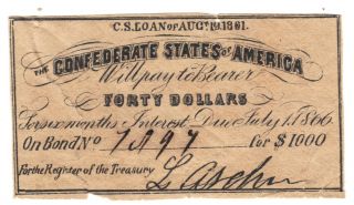 $40 Csa Interest Certificate From 1861 $1000 Bond Archer Signed Civil War Coupon photo