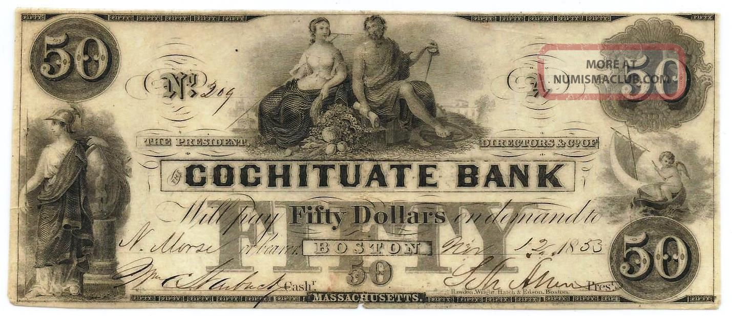 1853 $50 Cochituate Obsolete Bank Note After First Item Paper Money: US photo