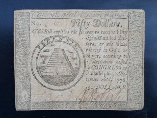 1778 $50 Continental Currency - Philadelphia/hall & Sellers - No Pinholes - photo