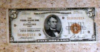 1929 $5 Five Dollar National Currency Cleveland Brown Seal photo