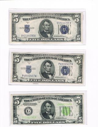 1934 C And 1934 - D $5 Blue Seal Silver Cert.  And 1934 Green Seal Fed.  Res.  Note photo