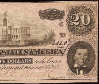 1864 $20 Dollar Bill Confederate States Currency Civil War Note Old Paper Money photo