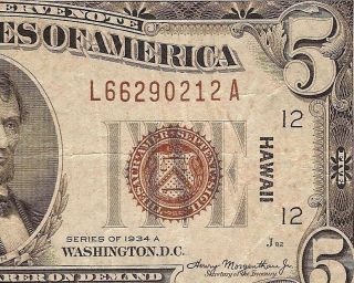 1934 A $5 Dollar Bill Hawaii Wwii Issue Federal Reserve Note Vf Currency Fr 2302 photo